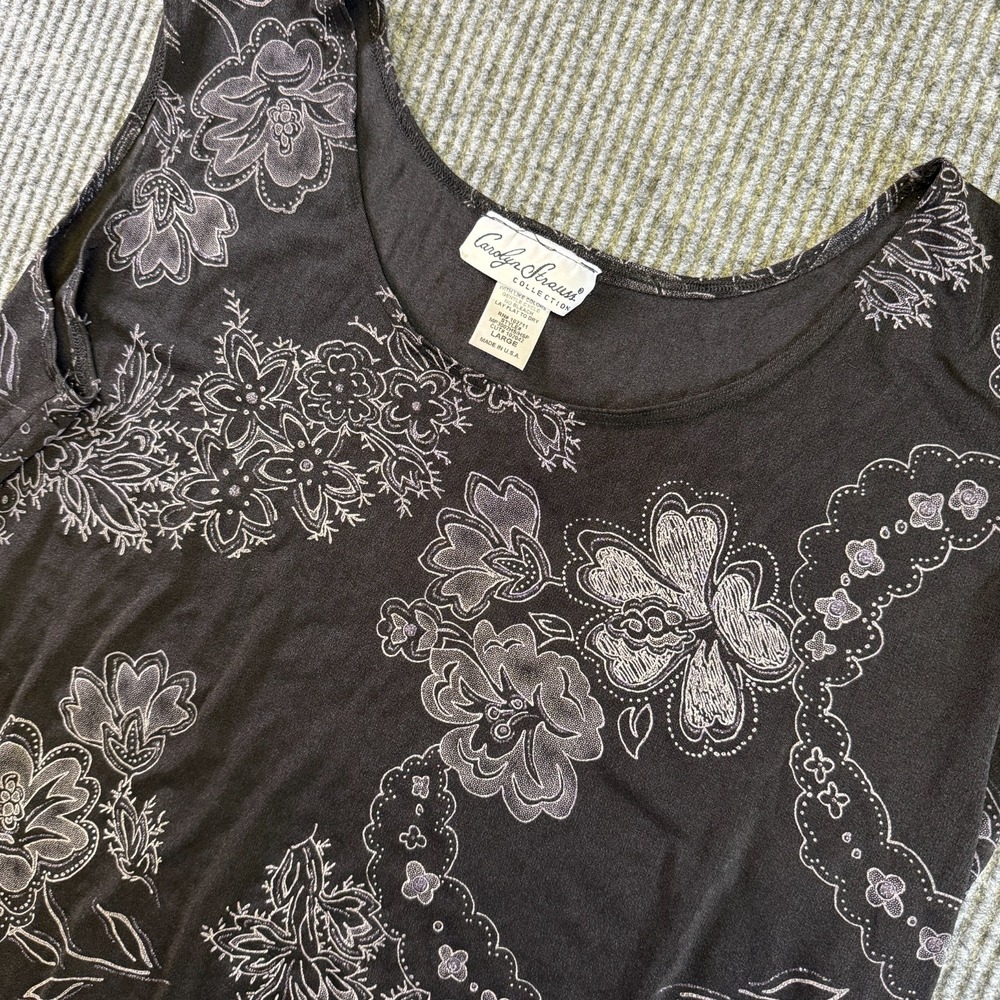 Carolyn Strauss Womens Tank Top Large Black Floral Sleeveless USA Made